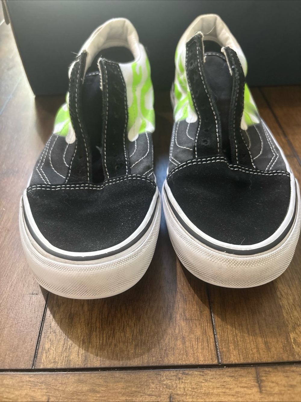 Vans Black and Neon Green Slip-On Sneakers